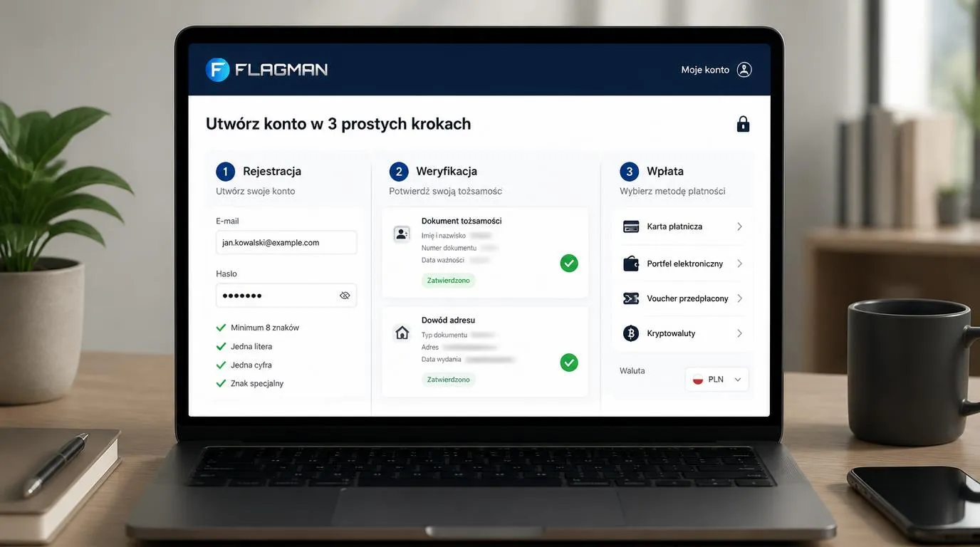 Panel konta kasynowego z potwierdzoną tożsamością i adresem oraz wyborem metody wpłaty